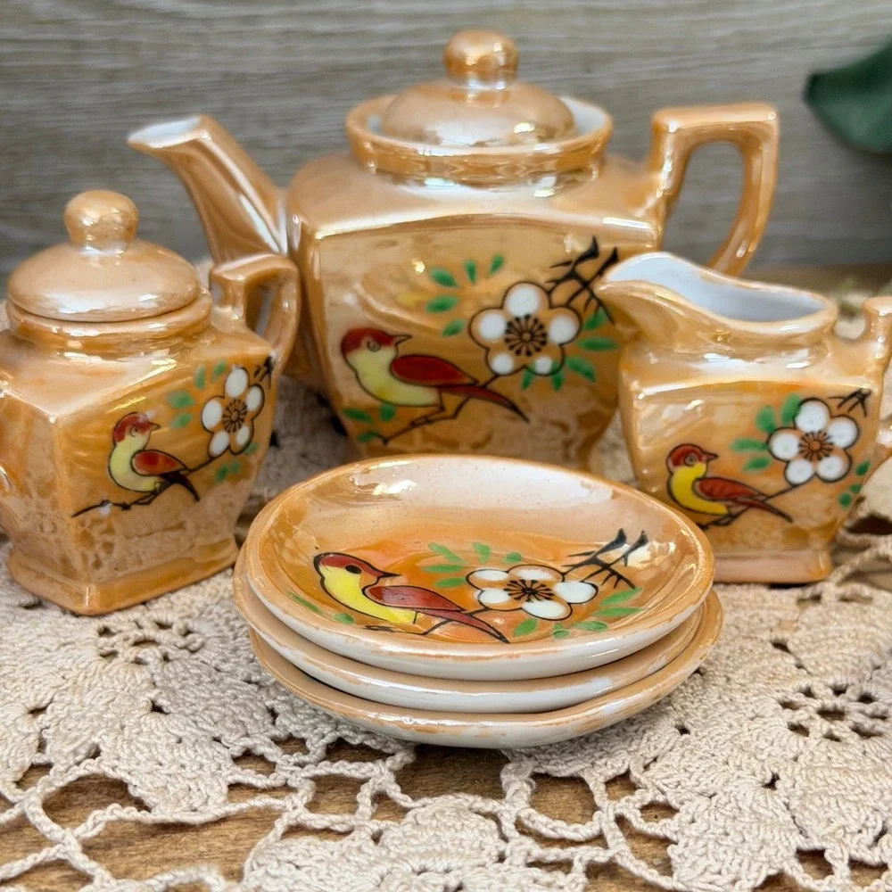 11pc Vintage KA Made in Occupied Japan Lusterware Miniature Tea Set Bird Floral